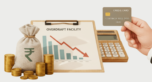 Overdraft facility chart with a calculator and credit card