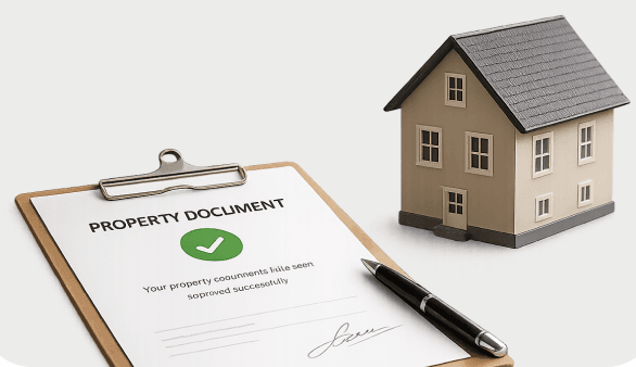Approved property document on a clipboard beside a house model