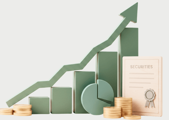 Rising bar chart next to a securities certificate and coins
