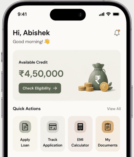 Personal loan mobile app home screen showing available credit and quick actions