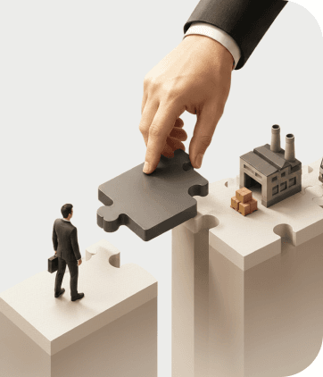 A hand placing a puzzle piece to connect a factory to a business owner