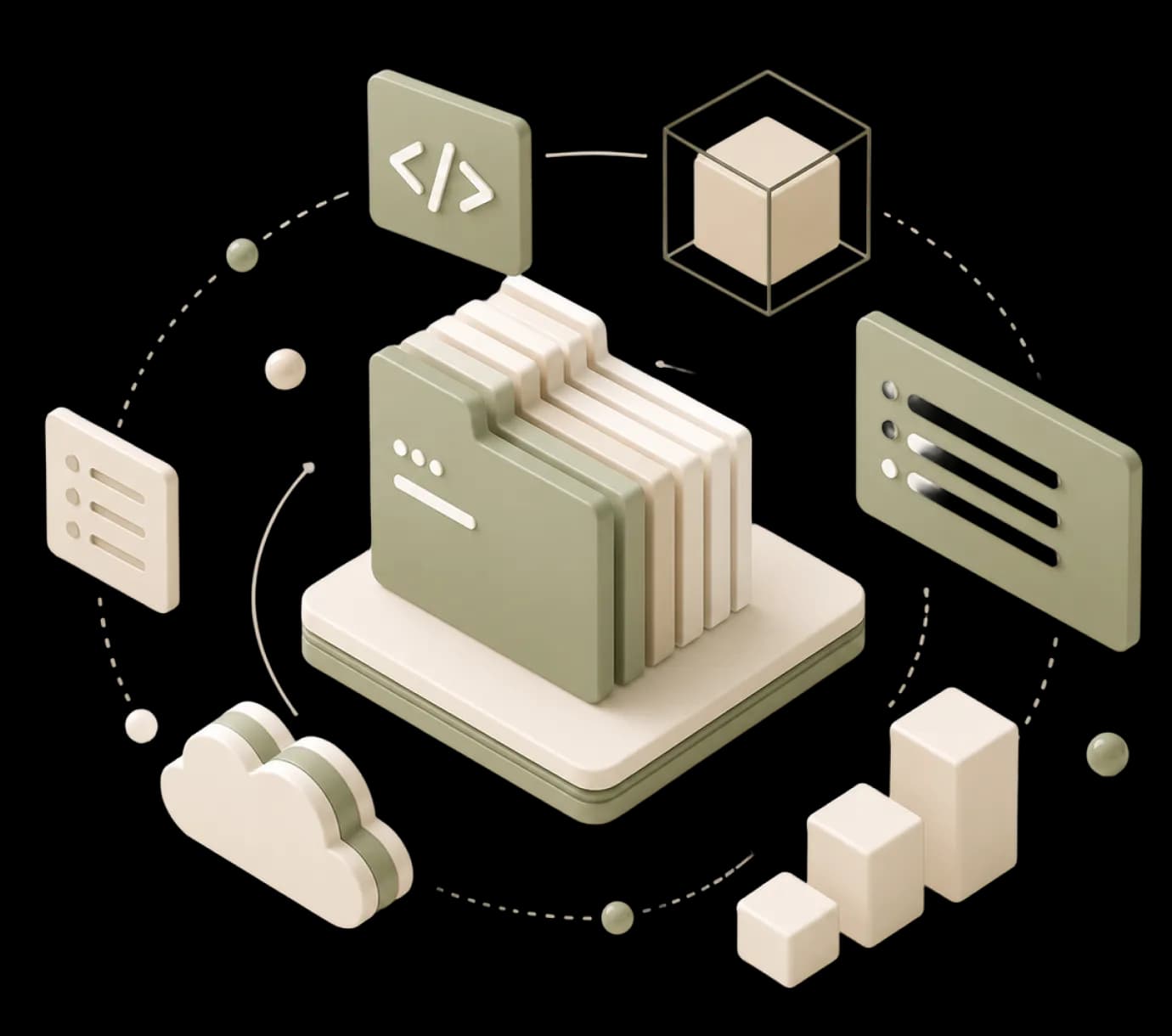 Illustration of reconciliation documents connecting to code, storage, and reporting