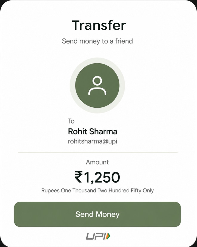 UPI P2P transfer screen sending ₹1,250 to Rohit Sharma