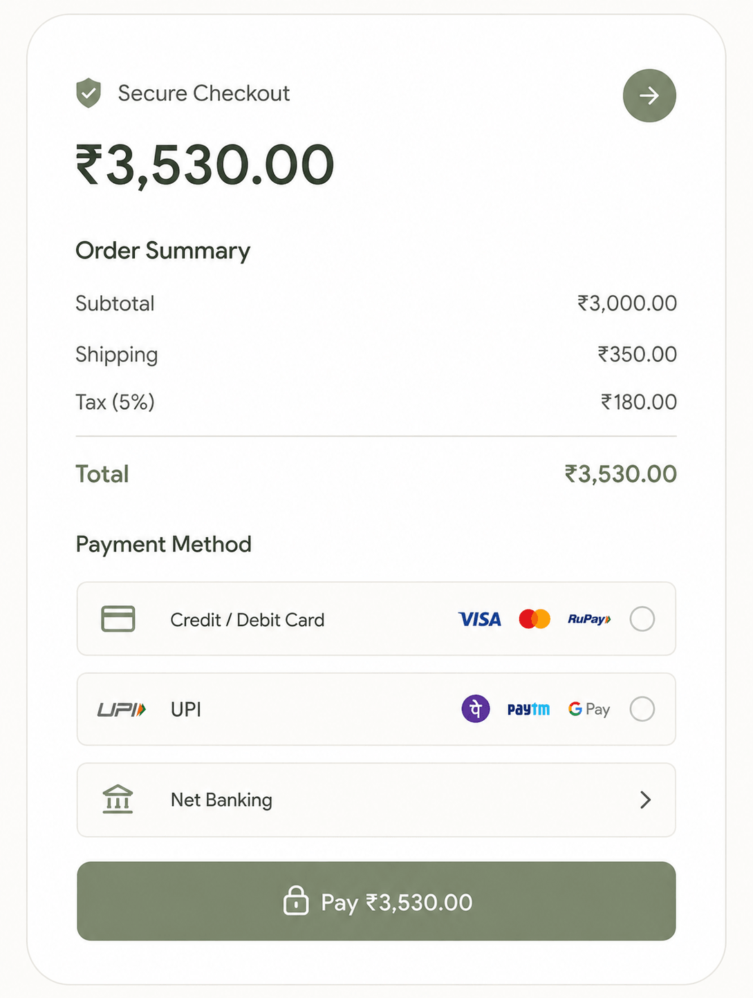 Secure checkout screen with ₹3,530 order summary and payment options