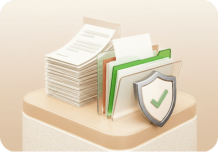 Stack of documents with a security shield on a pedestal