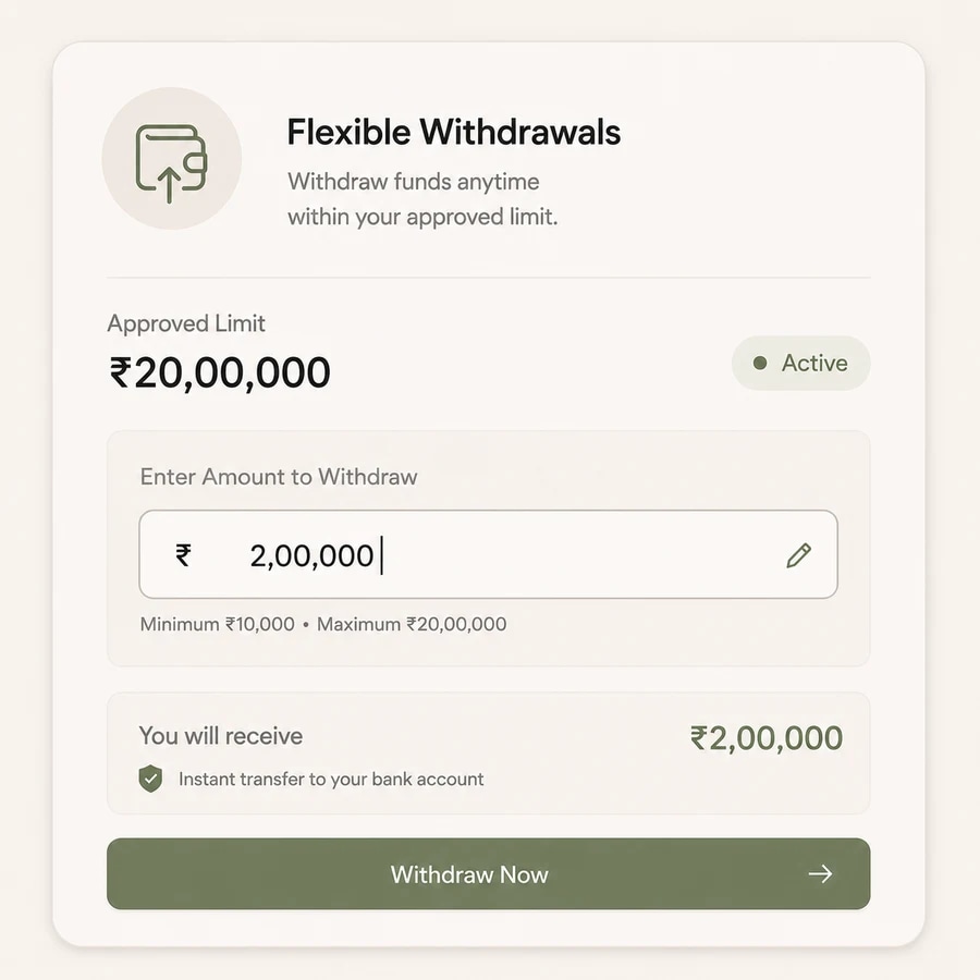 Flexible withdrawal screen for an approved overdraft limit
