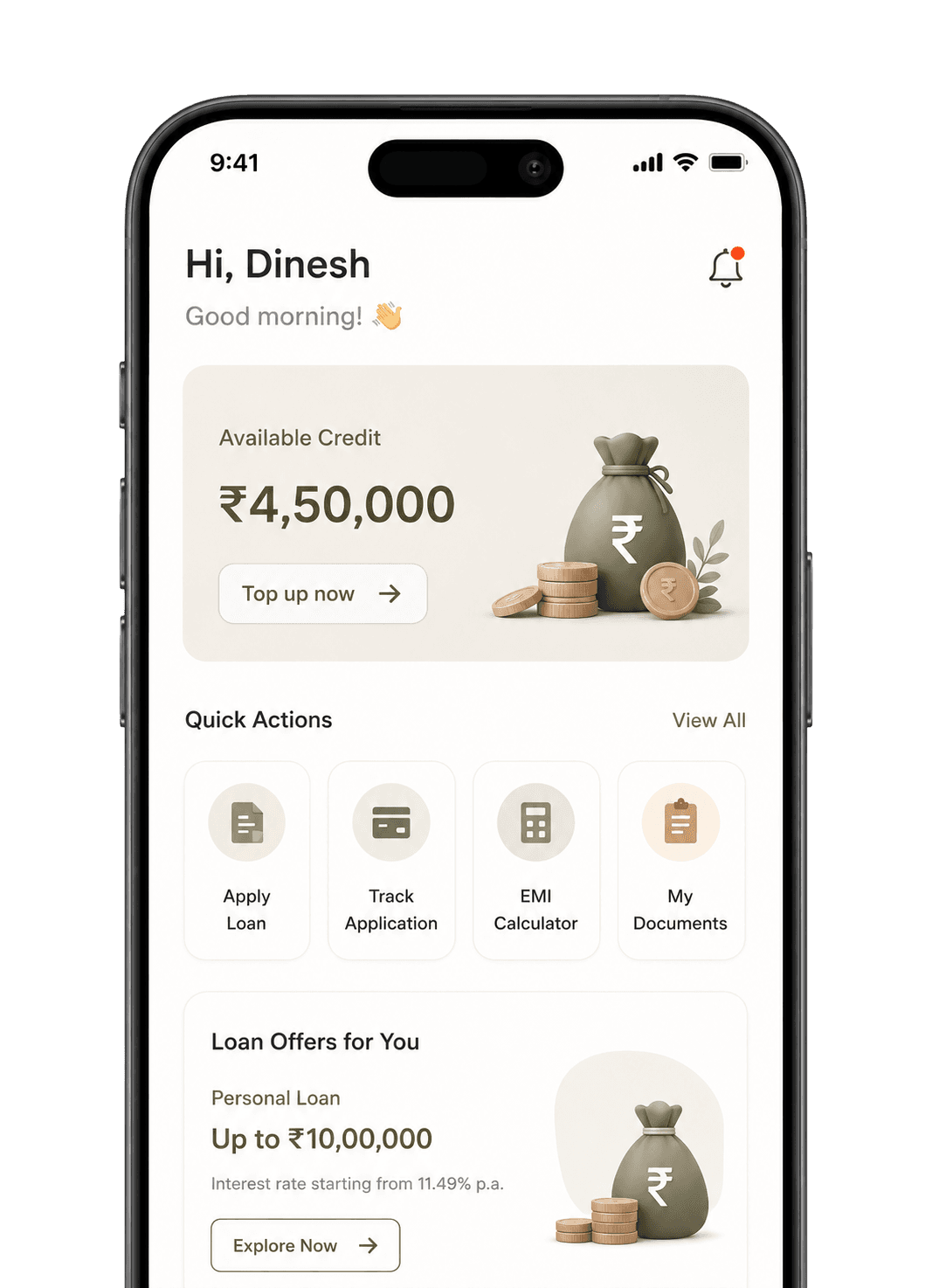 Origyn (LOS) loan app showing available credit and lending actions