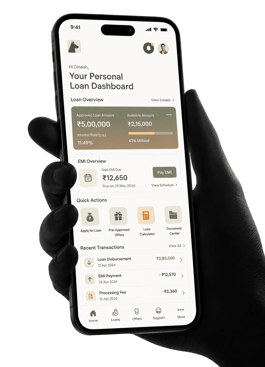 Personal loan dashboard on mobile phone