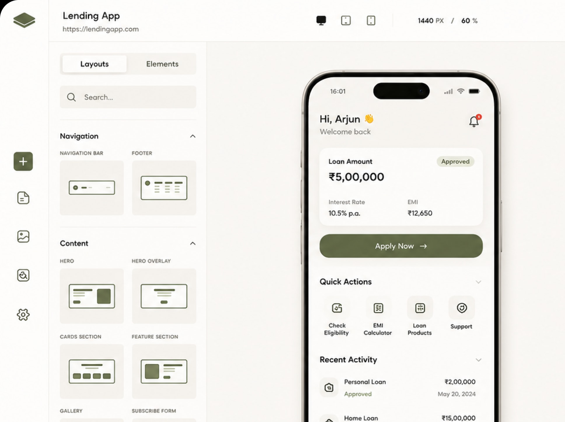 Visual application builder creating a lending app interface